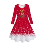 Big Girls Christmas Dresses Kids Trees Deer Print Long Sleeve Party Princess Dress Size 10-13T